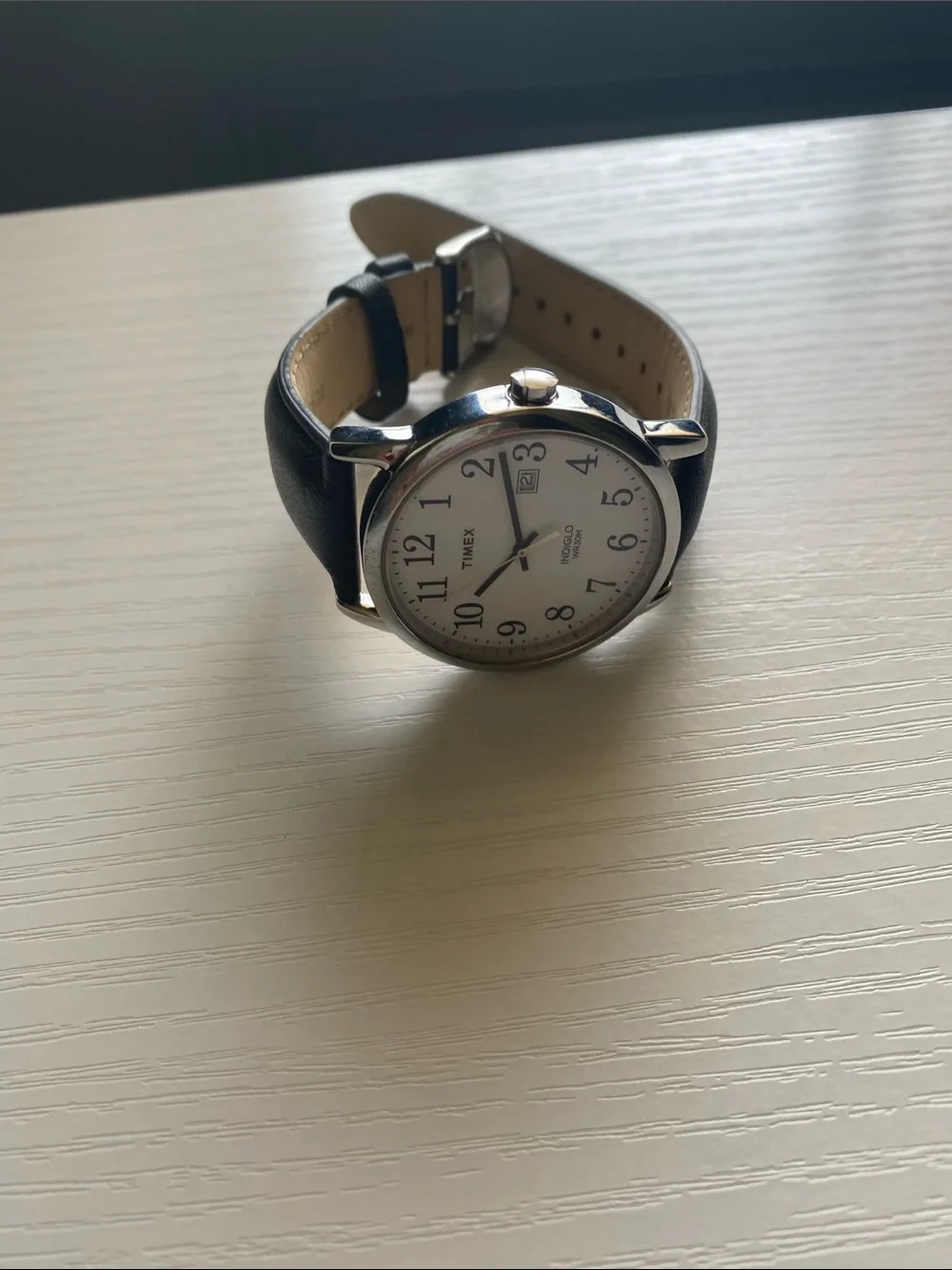 Timex Silver Case Watch with Black Leather Strap and White Dial